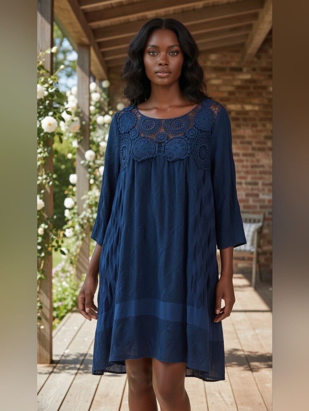 Anthropologie Holding Horses Navy Lace Yoke Boho Mini Dress Long Sleeve XL